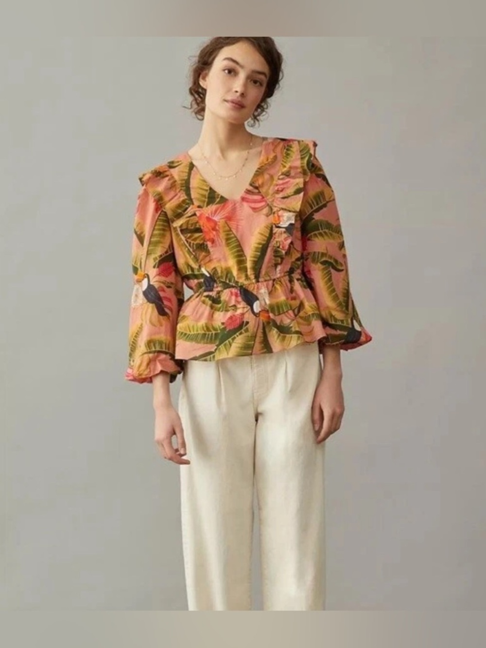 Anthropologie NEW Farm Rio Yasmine Ruffled Blouse 100% Cotton Boho Tropical